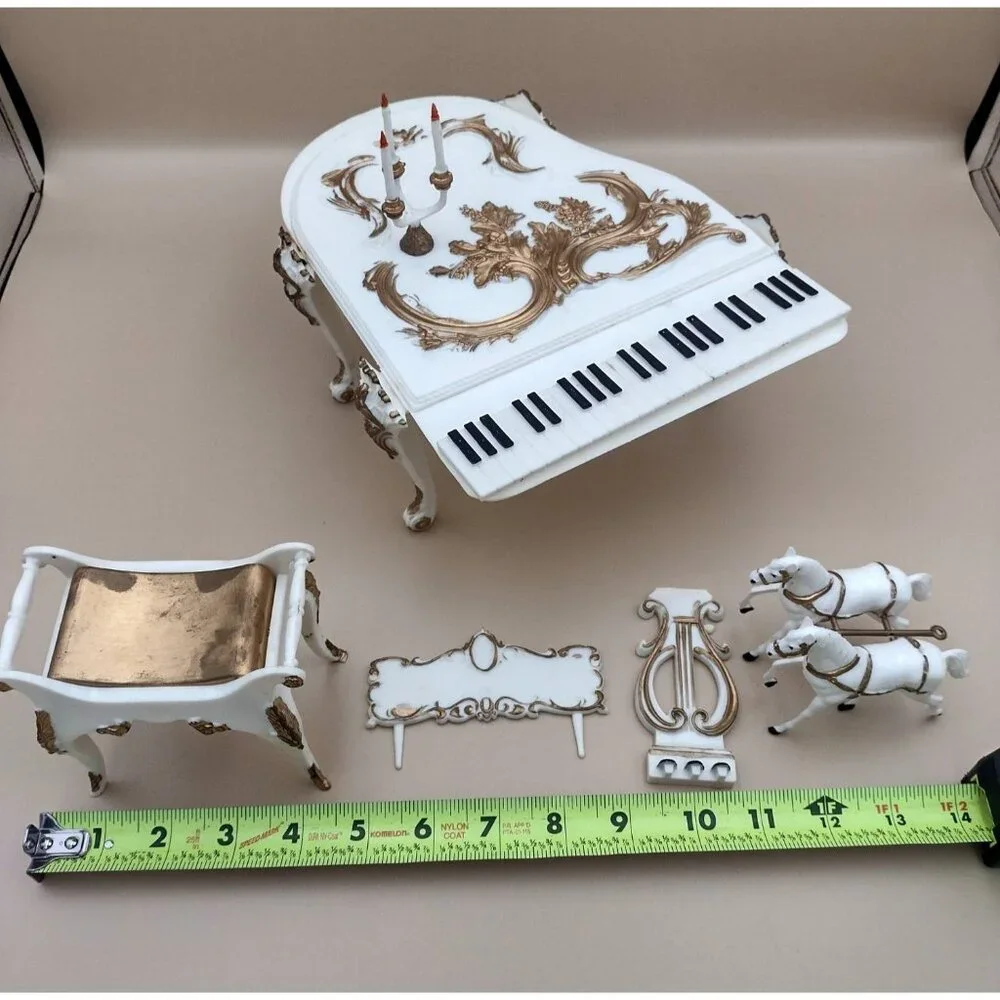 Vintage 1970s White & Gold Grand Piano Cake Decorating Set Candleholder Horses